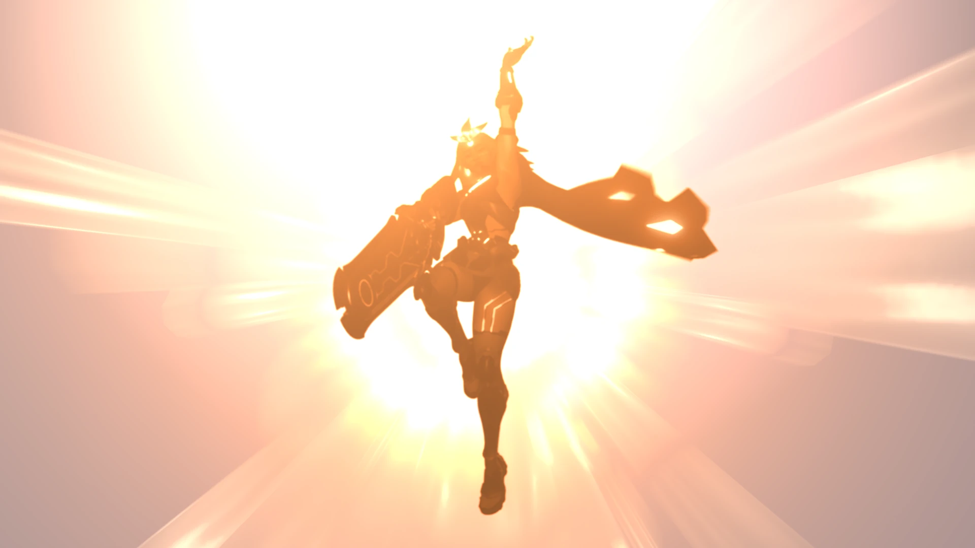 A brilliant light sillhouettes a slim figure suspended in mid-air with one arm raised upwards and a cloak billowing out behind them