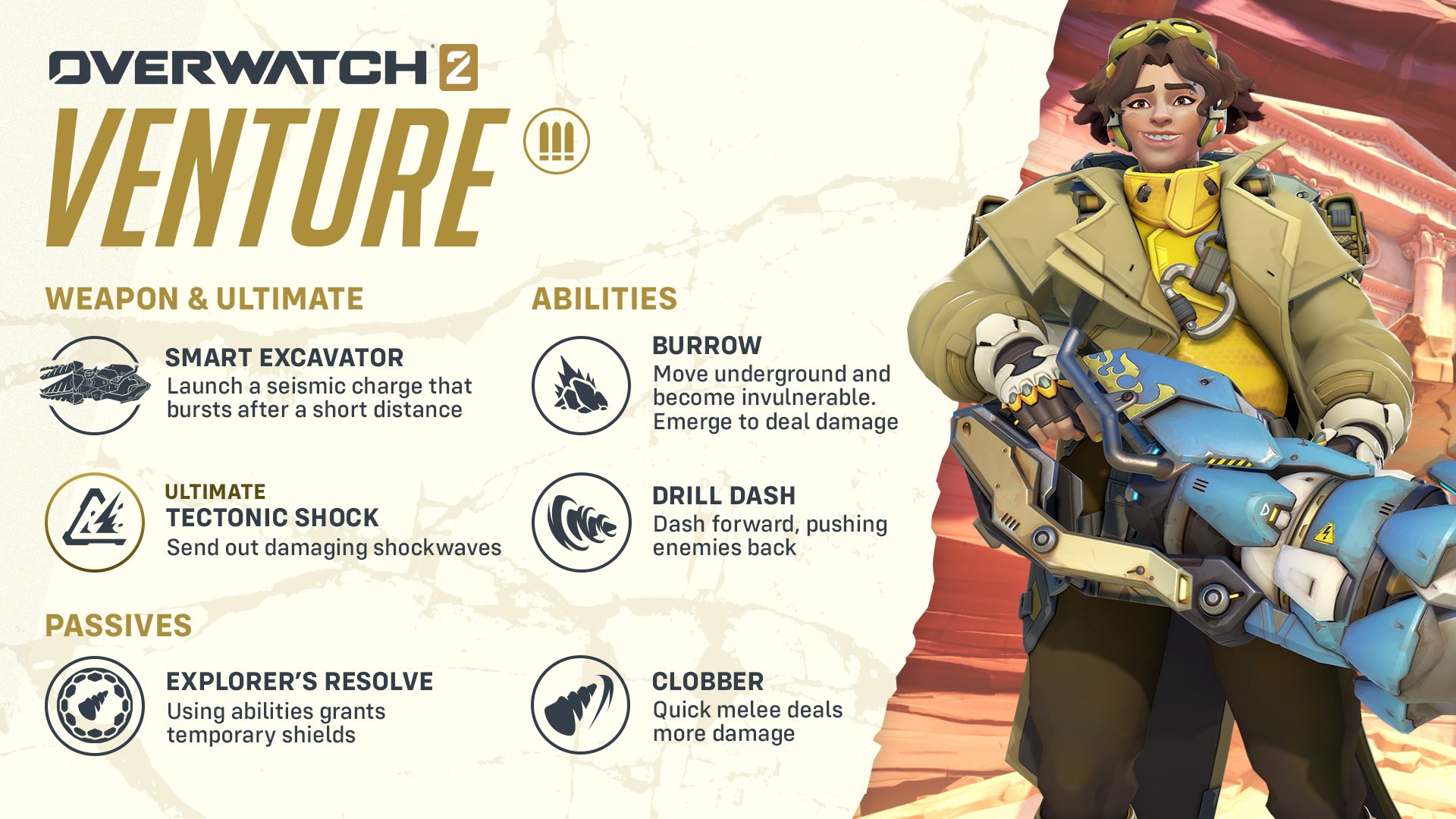 Venture&#39;s abilities, including Smart Excavator, Burrow, Drill Dash, Tectonic Shock, Explorer&#39;s Resolve, and Clobber