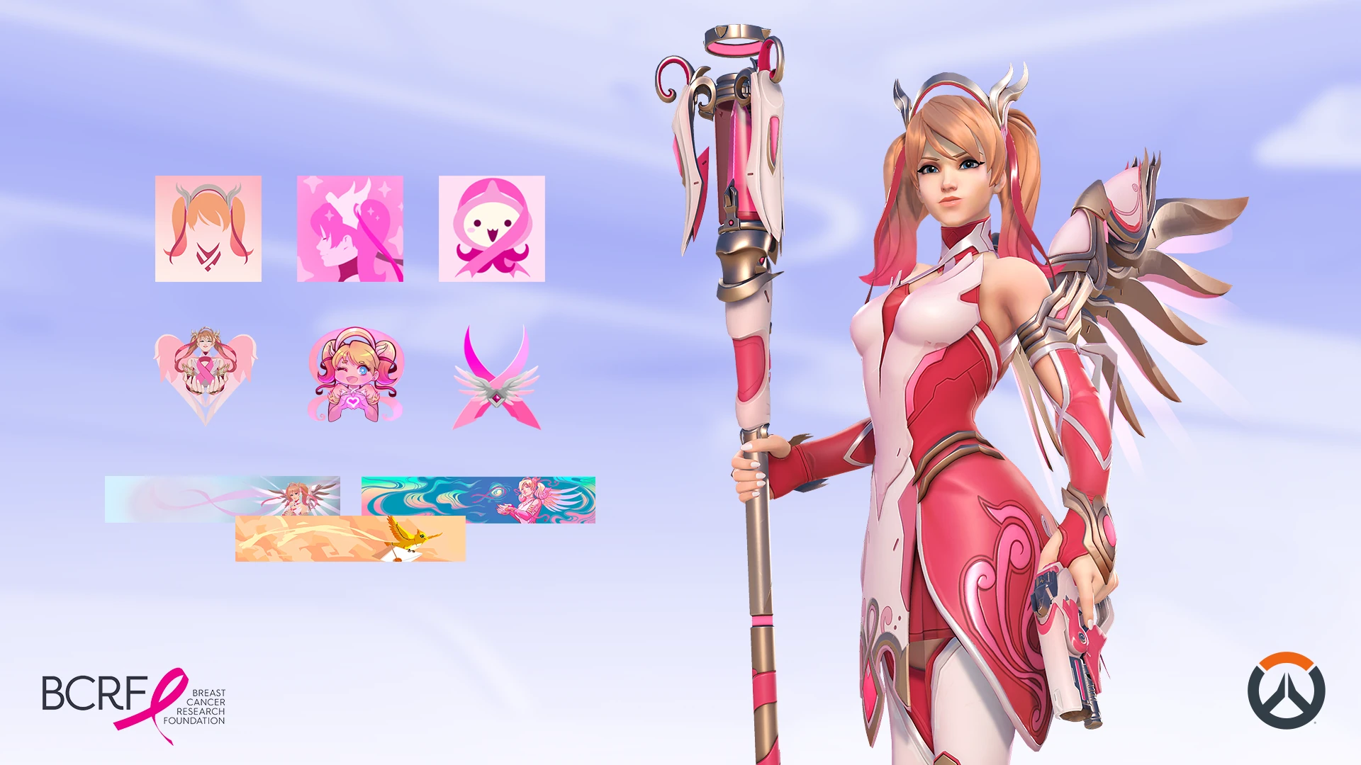 The new Rose Gold Mercy skin stands proudly besides assorted artistic cosmetics